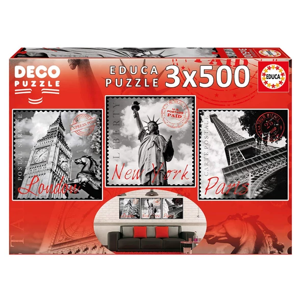 Educa 3 Adet 500 Parçalı Yapboz Dekor Puzzle New York Paris London Educa Puzzle Yapıştırıcısı Dahil