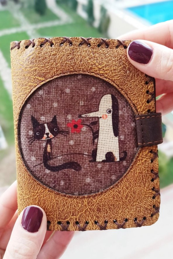 El Yapımı Kadın Cüzdan Vegan Deri Kedi Köpek Görselli Hardal Renk
