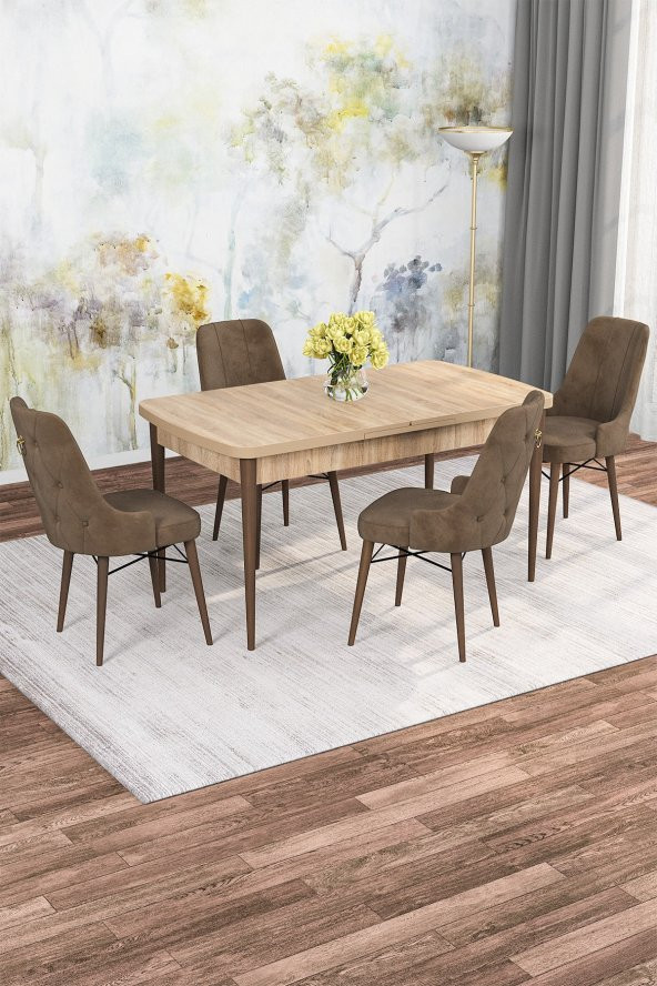 Rovena Mona Meşe Desen 80x132 Açılabilir Mdf Mutfak Masası Takımı 4 Adet Sandalye