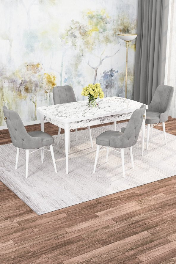 Rovena Mona Beyaz Mermer Desen 80x132 Açılabilir Mdf Mutfak Masası Takımı 4 Adet Sandalye