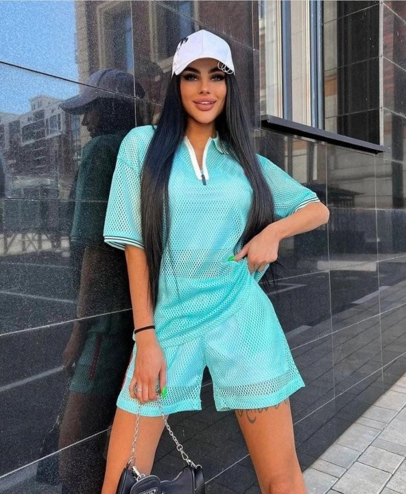 BEBE MAVİSİ FİLELİ BELİ LASTİKLİ ŞORT TİŞÖRT İKİLİ TAKIM