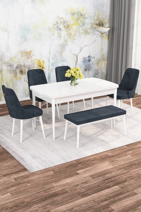 Rovena Alaska Beyaz 80x132 Açılabilir Mutfak Masası Takımı 4 Sandalye, 1 Bench