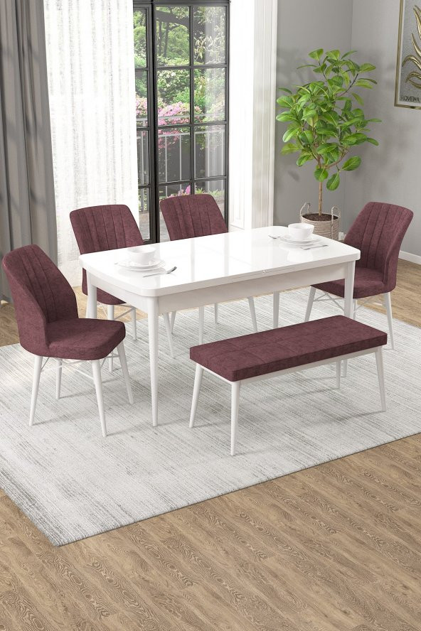 Rovena Novana Beyaz 80x132 Açılabilir Mutfak Masası Takımı 4 Sandalye, 1 Bench