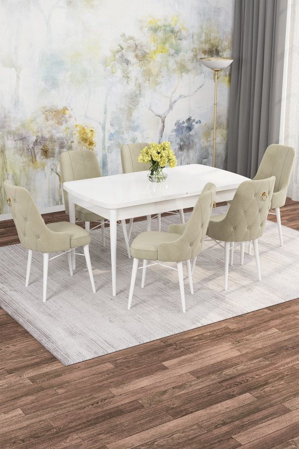 Rovena Mona Beyaz 80x132 Mdf Açılabilir Mutfak Masası Takımı 6 Adet Sandalye