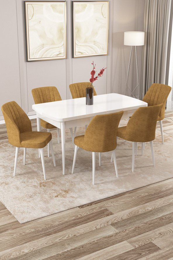 Rovena Zara Beyaz 80x132 Mdf Açılabilir Mutfak Masası Takımı 6 Adet Sandalye
