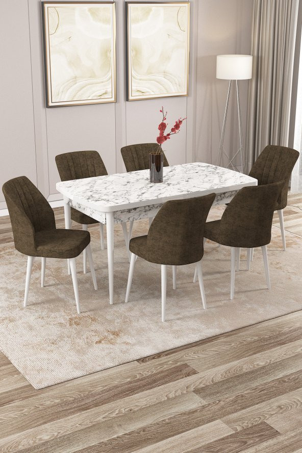 Rovena Zara Beyaz Mermer Desen 80x132 Mdf Açılabilir Mutfak Masası Takımı 6 Adet Sandalye
