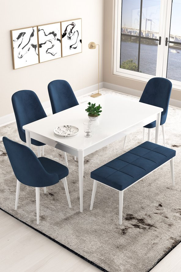 Rovena Martis Beyaz 80x130 Mdf Sabit Mutfak Masası Takımı 4 Sandalye, 1 Bench