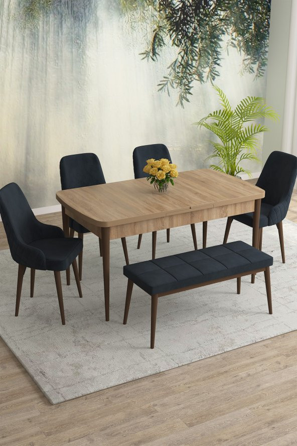 Rovena Eylül Meşe Desen 80x132 Mdf Açılabilir Mutfak Masası Takımı 4 Sandalye, 1 Bench
