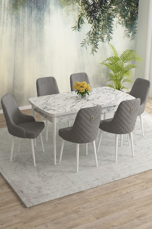 Rovena Eylül Beyaz Mermer Desen 80x132 Mdf Açılabilir Mutfak Masası Takımı 6 Adet Sandalye