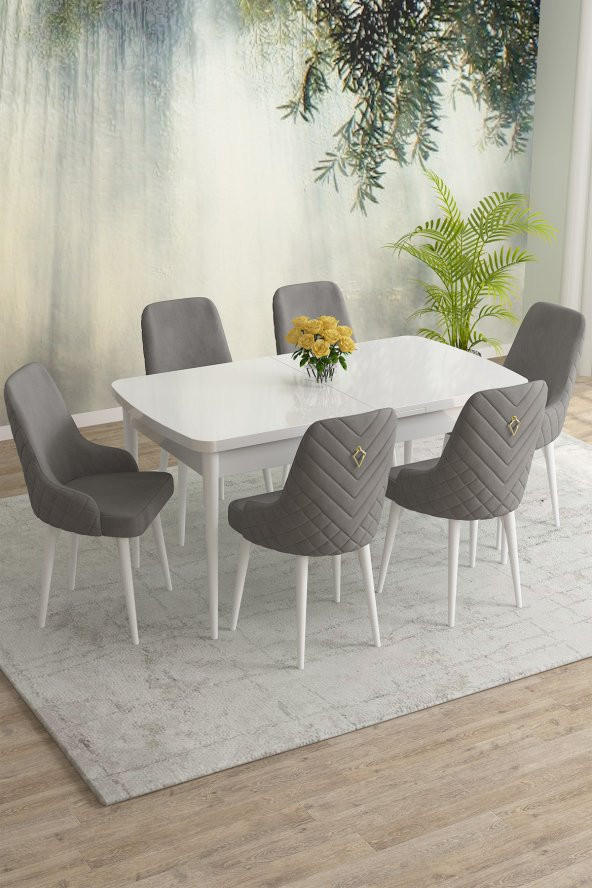 Rovena Eylül Beyaz 80x132 Mdf Açılabilir Mutfak Masası Takımı 6 Adet Sandalye