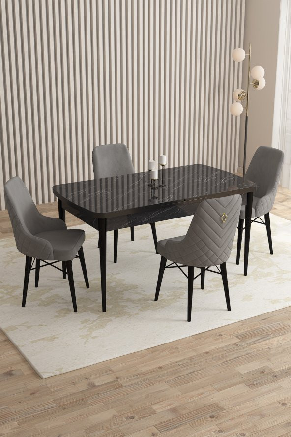 Rovena Almira Siyah Mermer Desen 70x114 Mdf Açılabilir Mutfak Masası Takımı 4 Adet Sandalye