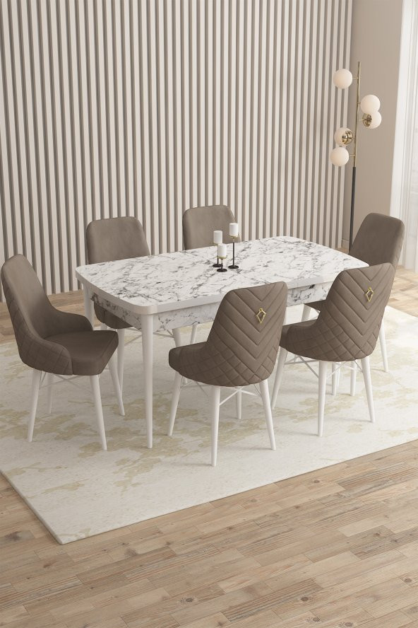 Rovena Flora Beyaz Mermer Desen 80x132 Mdf Açılabilir Mutfak Masası Takımı 6 Adet Sandalye