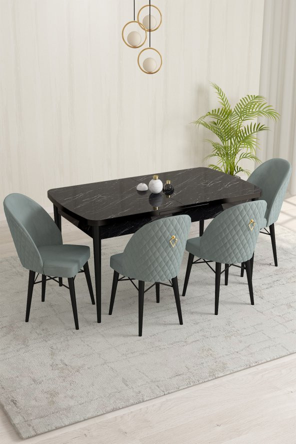 Rovena Liora MDF Siyah Mermer Desen Açılabilir 70x114 Cm 4 Sandalyeli Mutfak Masası takımı