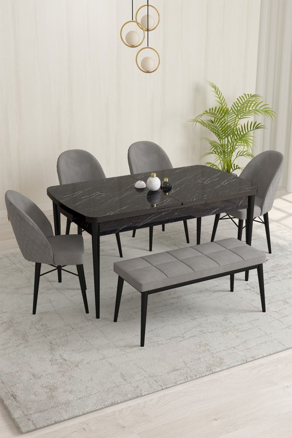 Rovena Marsilya MDF Siyah Mermer Desen Açılabilir 80X132 Cm 4 sandalyeli Benchli Mutfak Masası takımı