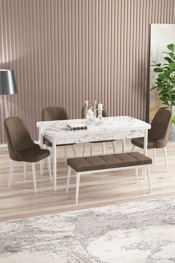 Rovena Armin Beyaz Mermer Desen 80x132 Mdf Açılabilir Mutfak Masası Takımı 4 Sandalye, 1 Bench