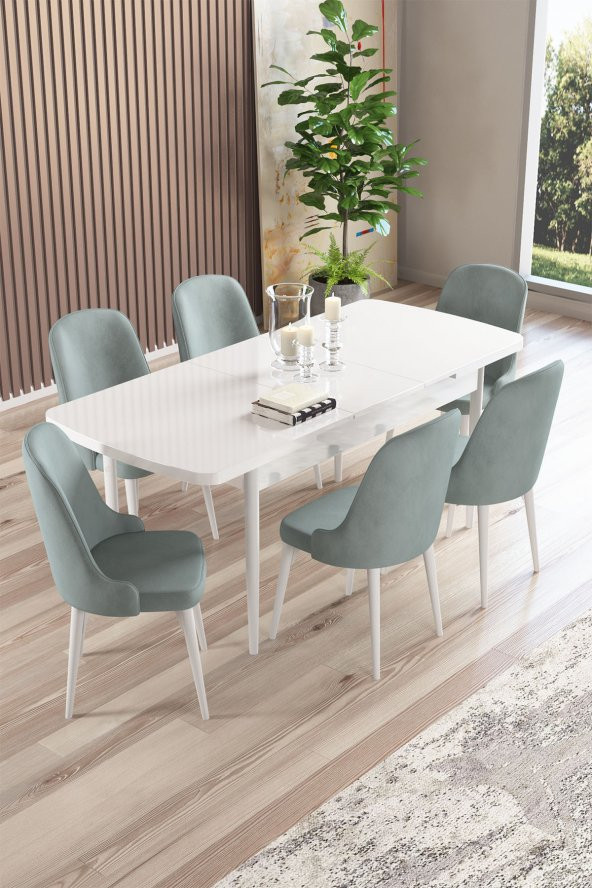 Rovena Armin Beyaz 80x132 Mdf Açılabilir Mutfak Masası Takımı 6 Adet Sandalye