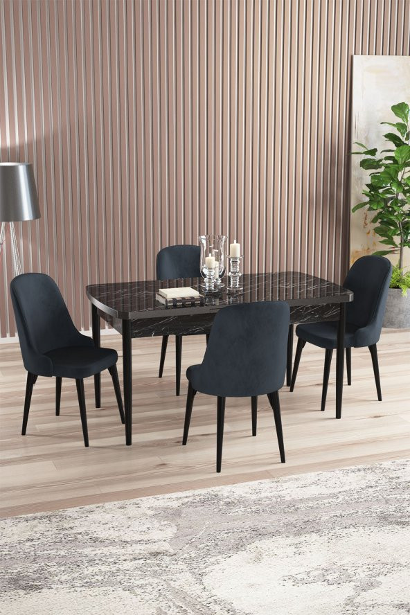 Rovena Armin Siyah Mermer Desen 80x132 Mdf Açılabilir Mutfak Masası Takımı 4 Adet Sandalye
