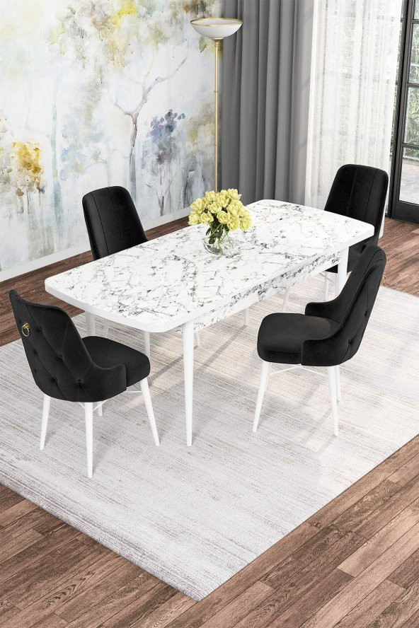 Rovena Alaska Beyaz Mermer Desen 80x132 Açılabilir Mutfak Masası Takımı 4 Adet Sandalye