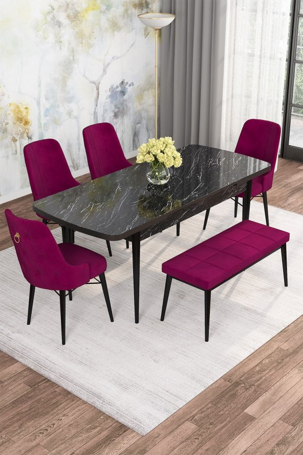 Rovena Alaska Siyah Mermer Desen 80x132 Açılabilir Mutfak Masası Takımı 4 Sandalye, 1 Bench