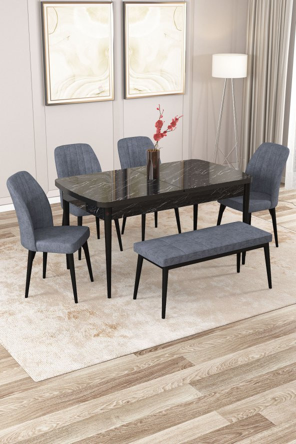 Rovena Zeta Siyah Mermer Desen 80x132 Mdf Açılabilir Mutfak Masası Takımı 4 Sandalye, 1 Bench