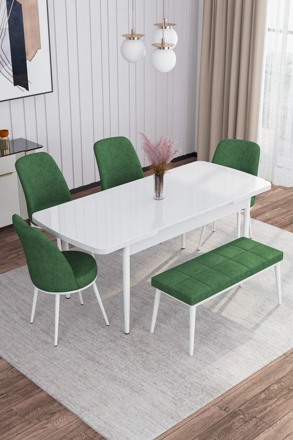 Rovena Leona Beyaz 80x132 Mdf Açılabilir Mutfak Masası Takımı 4 Sandalye, 1 Bench