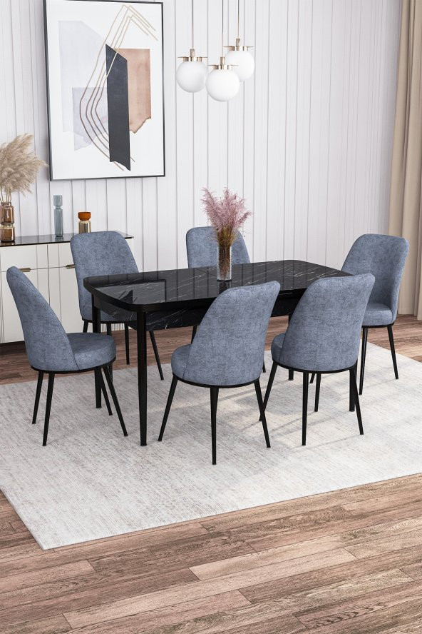 Rovena Leona Siyah Mermer Desen 80x132 Mdf Açılabilir Mutfak Masası Takımı 6 Adet Sandalye