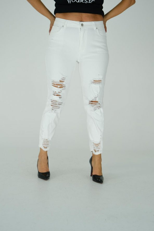 BEYAZ DAR PAÇA YIRTIK PANTOLON - 2