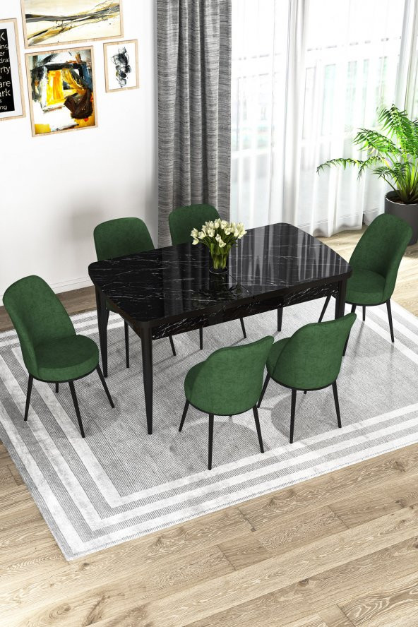 Rovena Bade 70x114 MDF Siyah Mermer Desen Açılabilir Mutfak Masası Takımı 6 Haki Sandalye