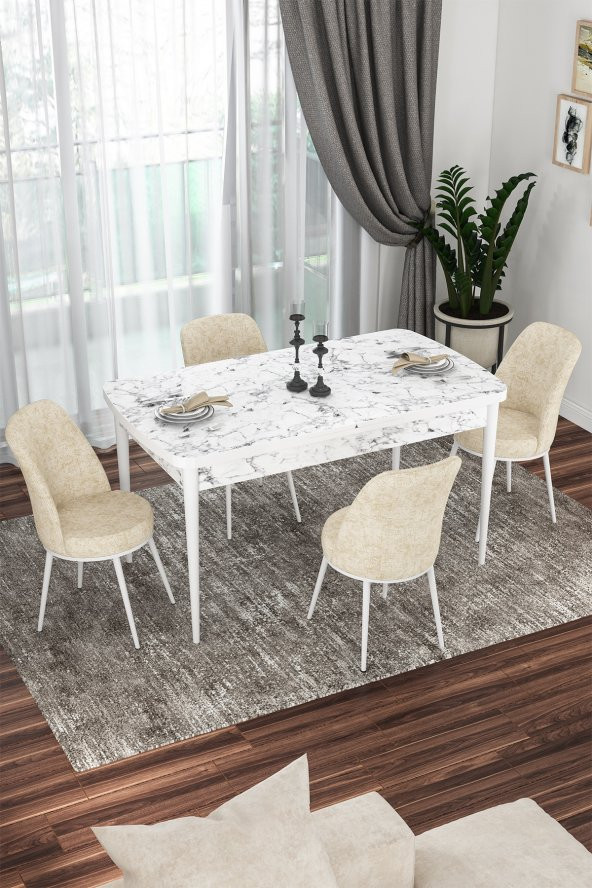 Rovena Bade 70x114 MDF Beyaz Mermer Desen Açılabilir Mutfak Masası Takımı 4 Krem Sandalye