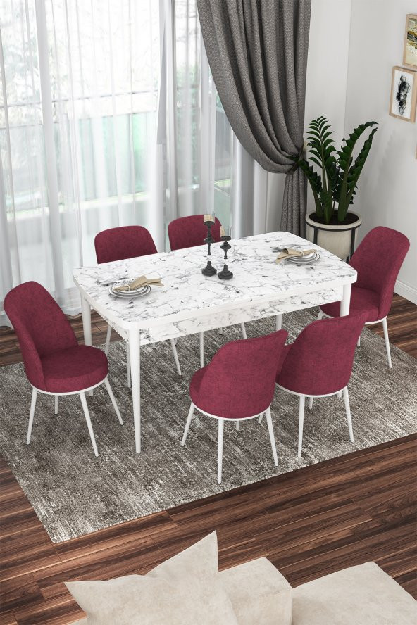 Rovena Bade 70x114 MDF Beyaz Mermer Desen Açılabilir Mutfak Masası Takımı 6 Sandalye