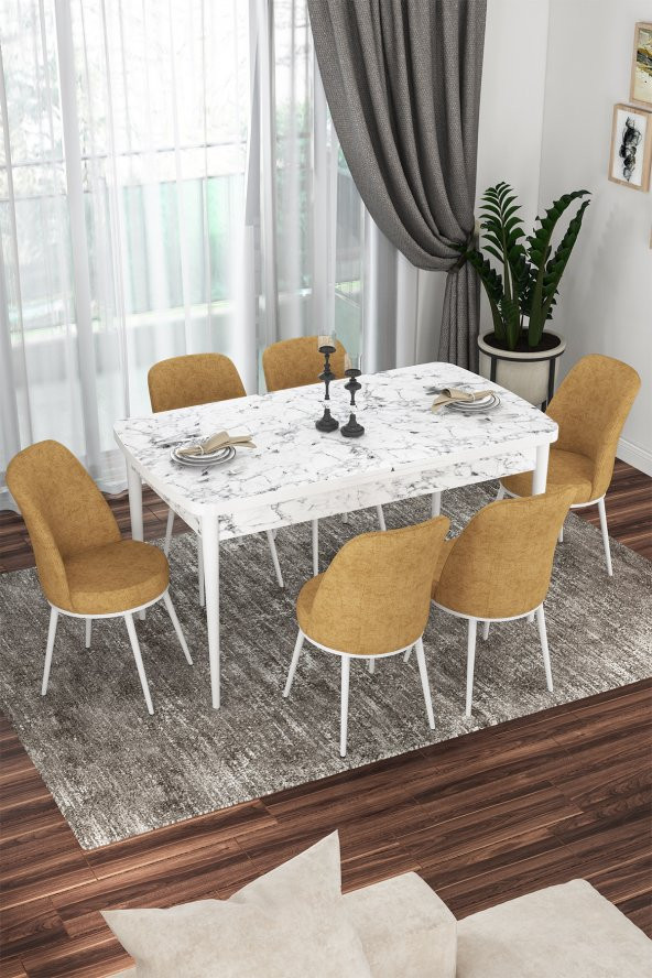 Rovena Bade 70x114 MDF Beyaz Mermer Desen Açılabilir Mutfak Masası Takımı 6 Sandalye