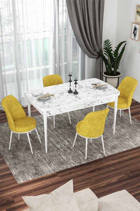 Rovena Bade 70x114 MDF Beyaz Mermer Desen Açılabilir Mutfak Masası Takımı 4 Sandalye