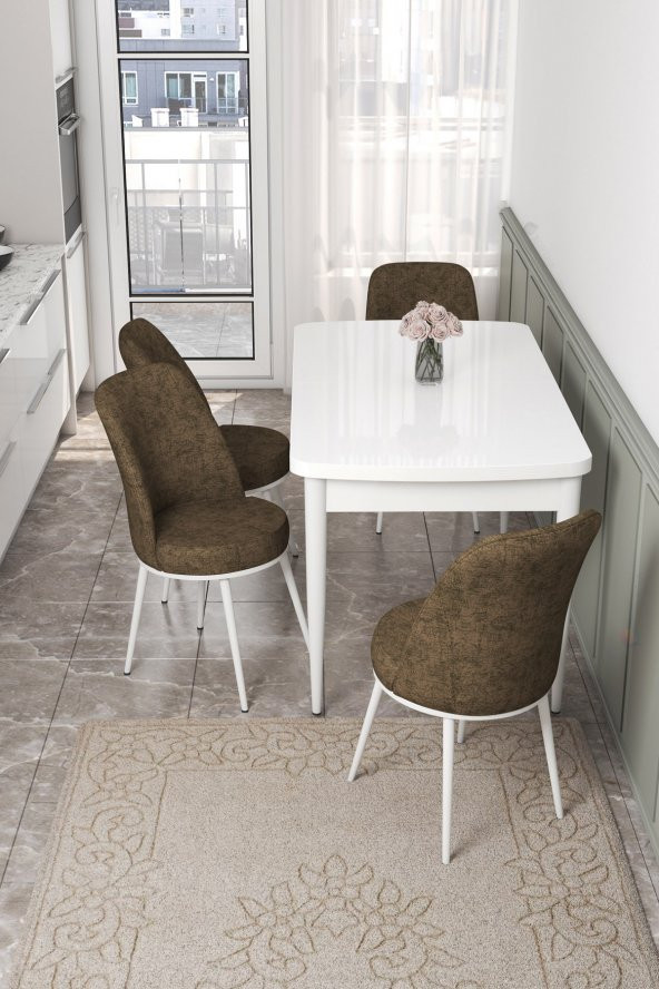 Rovena Leona Beyaz 80x132 Mdf Açılabilir Mutfak Masası Takımı 4 Adet Sandalye