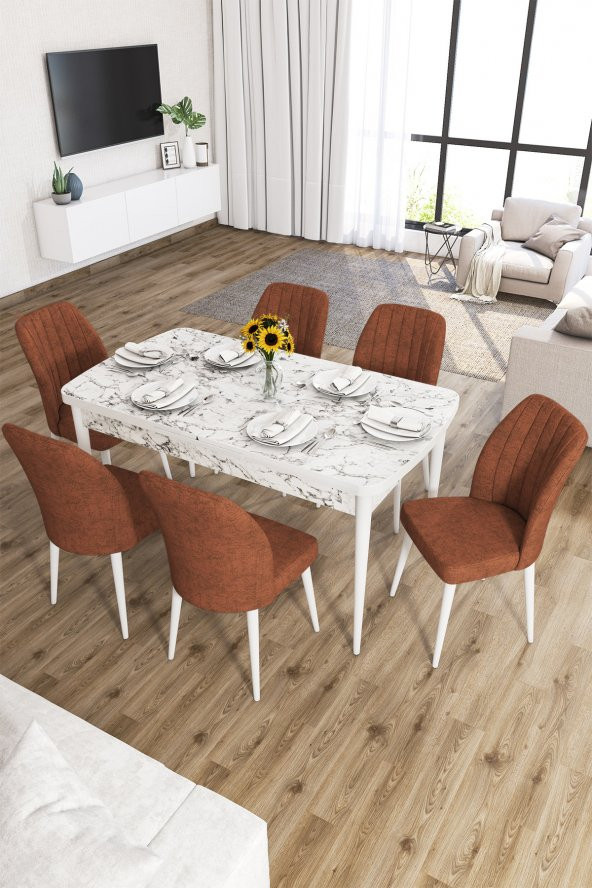 Rovena Zeta Beyaz Mermer Desen 80x132 Mdf Açılabilir Mutfak Masası Takımı 6 Adet Sandalye