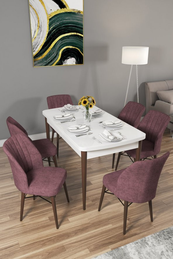 Rovena Arel MDFAhşap Ayaklı Açılabilir Mutfak Masası Takımı 6 Gülkurusu Sandalye