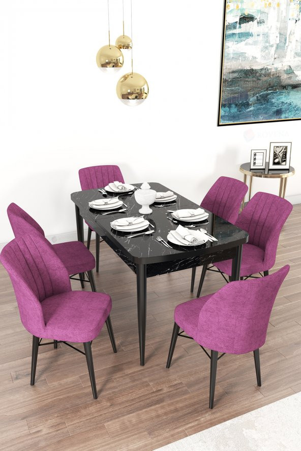 Rovena Arel Siyah Mermer Desen 80x132 Mdf Açılabilir Mutfak Masası Takımı 6 Adet Sandalye
