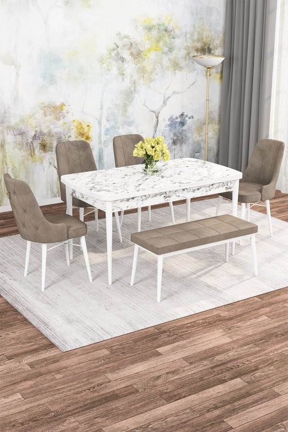 Rovena Mona Beyaz Mermer Desen 80x132 Mdf Açılabilir Yemek Masası Takımı 4 Sandalye, 1 Bench