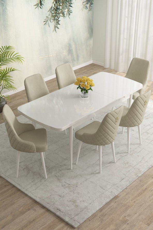 Rovena Eylül Beyaz 80x132 Mdf Açılabilir Yemek Masası Takımı 6 Adet Sandalye