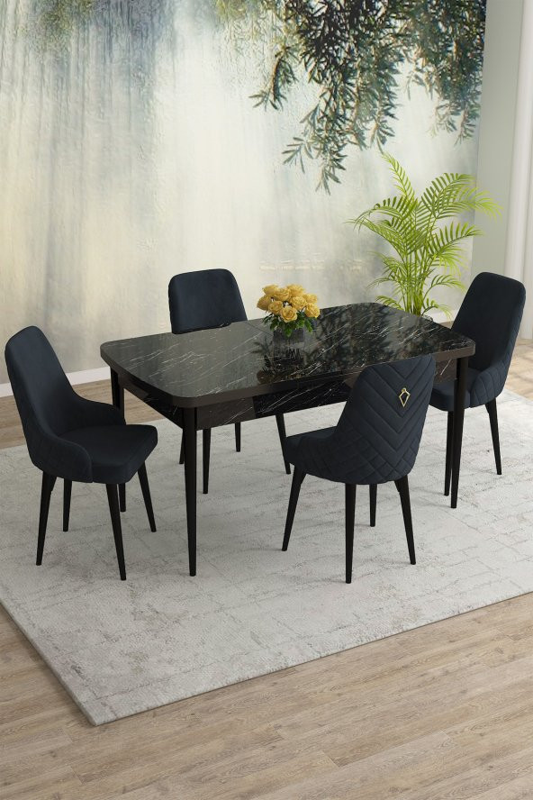 Rovena Eylül Siyah Mermer Desen 80x132 Mdf Açılabilir Yemek Masası Takımı 4 Adet Sandalye