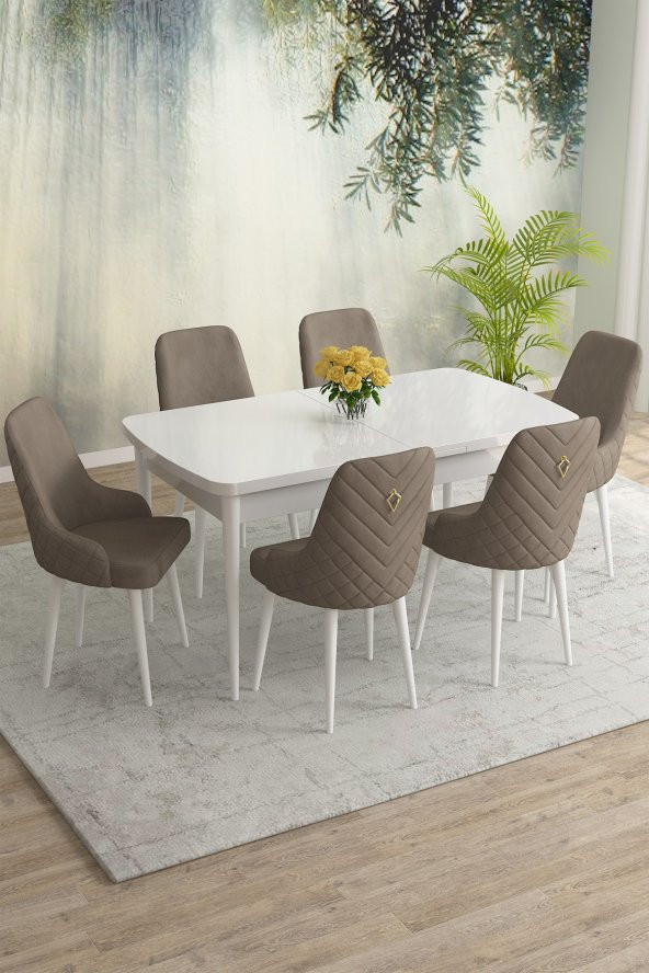 Rovena Eylül Beyaz 80x132 Mdf Açılabilir Yemek Masası Takımı 6 Adet Sandalye