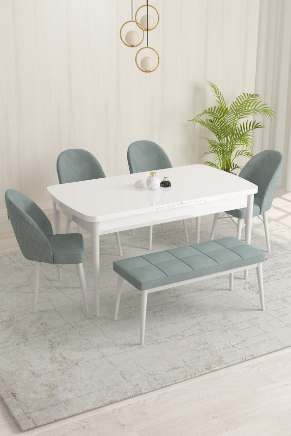 Rovena Marsilya MDF Beyaz Açılabilir 80X132 Cm 4 Sandalyeli Benchli Yemek Masası takımı