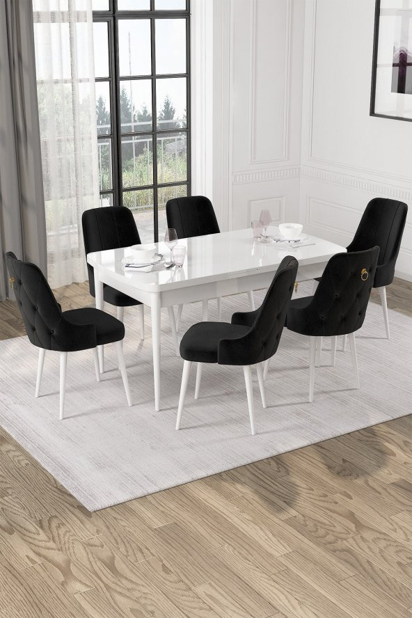 Rovena Alya Beyaz 80x132 Açılabilir Mdf Yemek Masası Takımı 6 Adet Sandalye