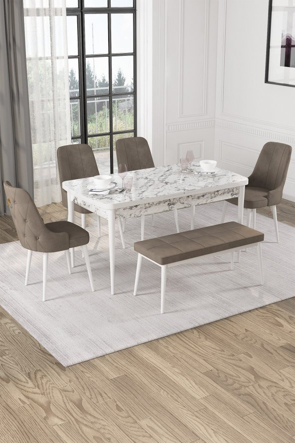 Rovena Alya Beyaz Mermer Desen 80x132 Mdf Açılabilir Yemek Masası Takımı 4 Sandalye, 1 Bench