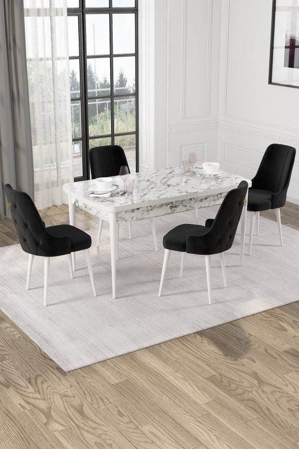Rovena Alya Beyaz Mermer Desen 80x132 Açılabilir Mdf Yemek Masası Takımı 4 Adet Sandalye