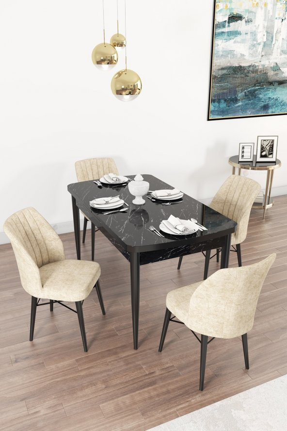 Rovena Arel Siyah Mermer Desen 80x132 Mdf Açılabilir Mutfak Masası Takımı 4 Adet Sandalye