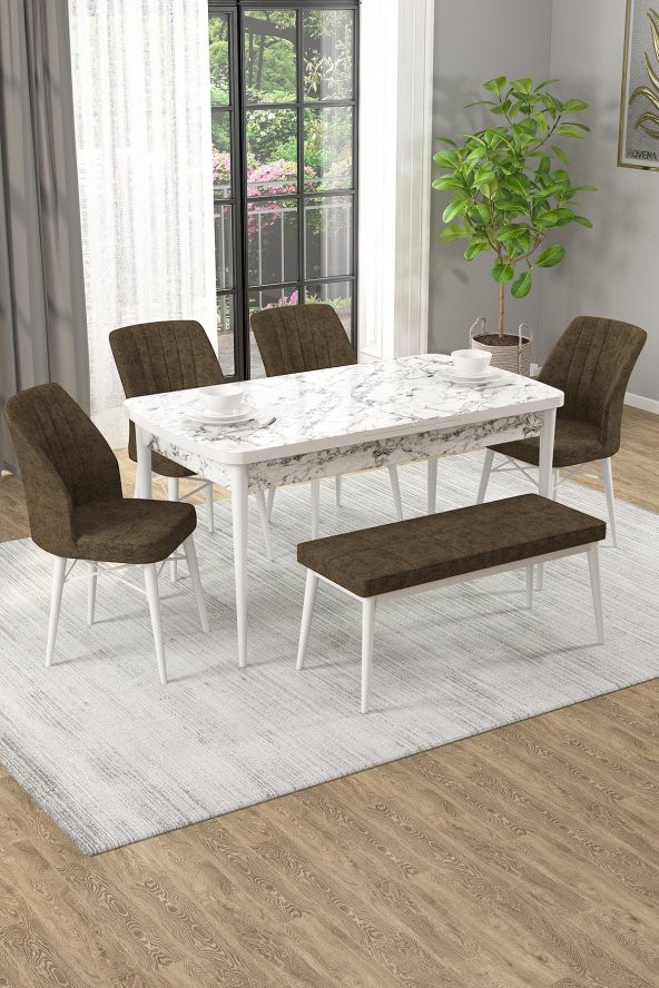 Rovena Arel Beyaz Mermer Desen 80x132 Mdf Açılabilir Yemek Masası Takımı 4 Sandalye, 1 Bench