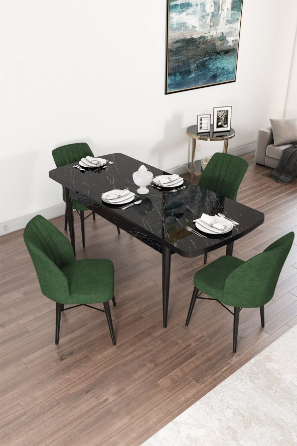 Rovena Arel Siyah Mermer Desen 80x132 Mdf Açılabilir Mutfak Masası Takımı 4 Adet Sandalye