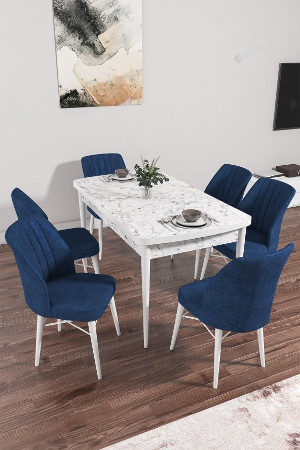 Rovena Arel Beyaz Mermer Desen 80x132 Mdf Açılabilir Yemek Masası Takımı 6 Adet Sandalye