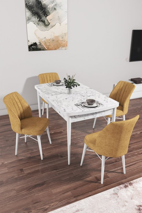 Rovena Arel Beyaz Mermer Desen 80x132 Mdf Açılabilir Yemek Masası Takımı 4 Adet Sandalye