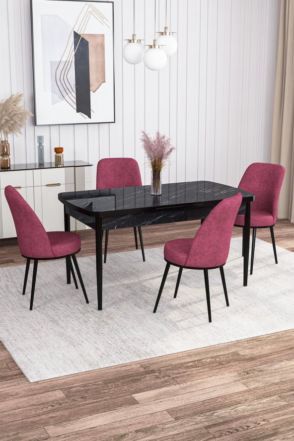 Rovena Leona Siyah Mermer Desen 80x132 Mdf Açılabilir Yemek Masası Takımı 4 Adet Sandalye